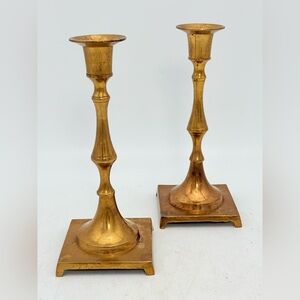 Set of 2 Vintage Brass Candlesticks | Baluster Stem | Square Base